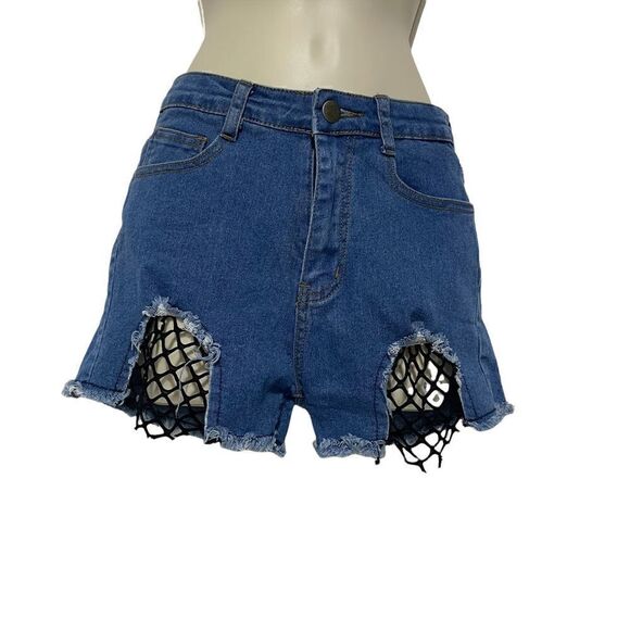 Banjul Women’s Blue Jean Shorts with Black Stocking Cut Outs Size Small - Picture 2 of 15